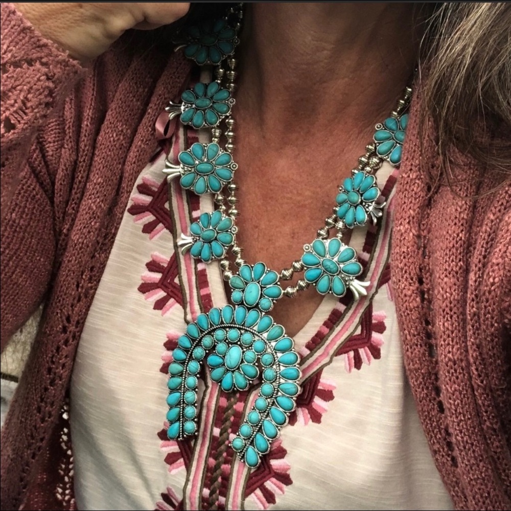 Faux Turquoise Squash Blossom Necklace Set